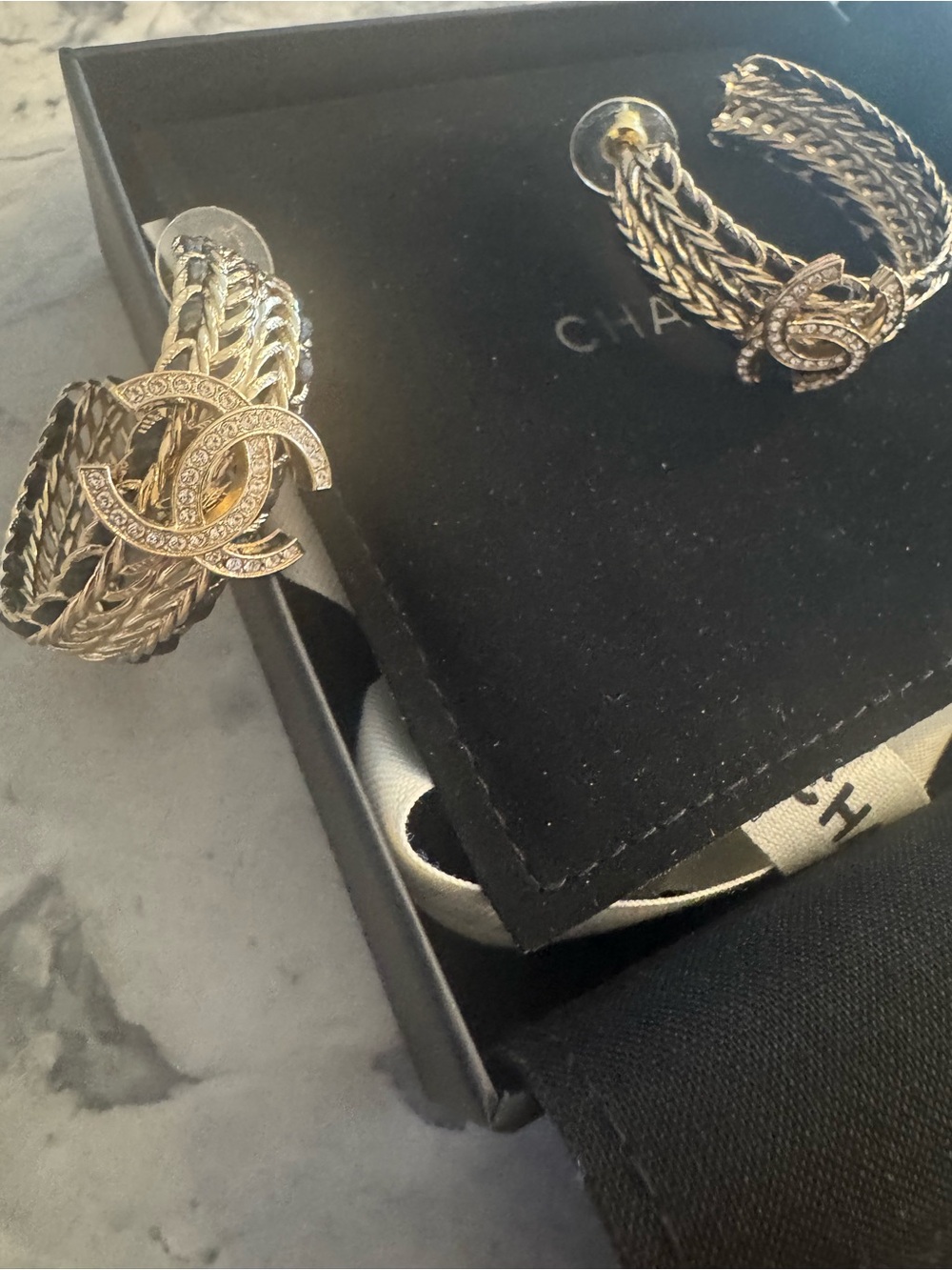 CHANEL Gold Interlocking CC Braided Hoop Earrings with Crystals